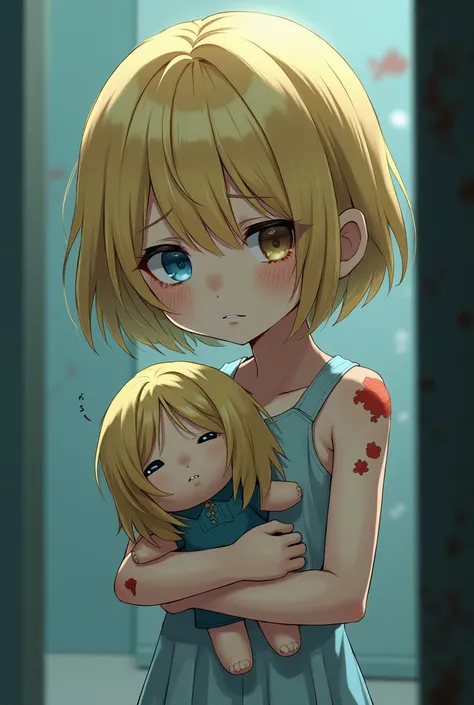 Now another ,  I want a  girl ,  short haired blonde with heterochromia ,  one side blue and the other brown ,  wears a plush doll with a sad and frustrated expression, The subject of experiments and with several bruises and scars ,  anime style