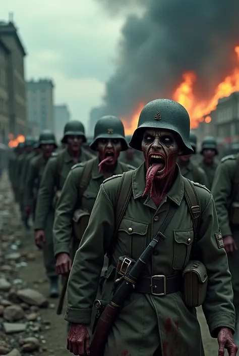 a group of zombie wearing old german uniform. The uniform and helmet are dirty and full of red stain. They’re marching in position. At the back theres a city ruined. The city are in flames. The dark atmosphere are strong, the cloud are wild. The debris ver...