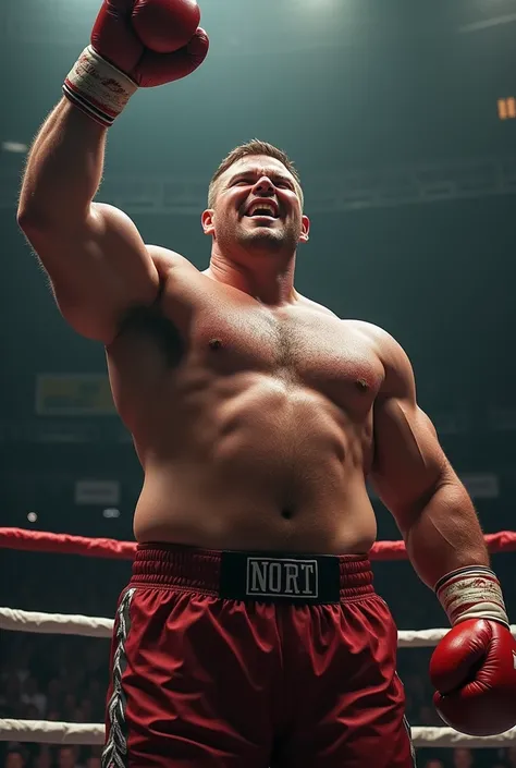 Super Heavyweight Boxing Champ, 158 kg, 210cm, Boxing Gloves, Boxing trunk, no shirt, sweaty, adult man 30-40 years old, fierce face, fatigue, chest hair, hot, masculine, tall, very huge and big muscular!!!, big body, Short hair, Raise his hand in the boxi...