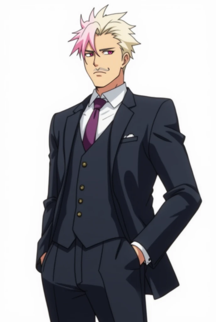 Shidou Ryusei as an adult, around 30 years old, in the Blue Lock anime style, with a white background. He has a thin, well-groomed mustache and defined cheekbones, giving him a mature and strong appearance. His platinum blonde hair is styled short with gra...