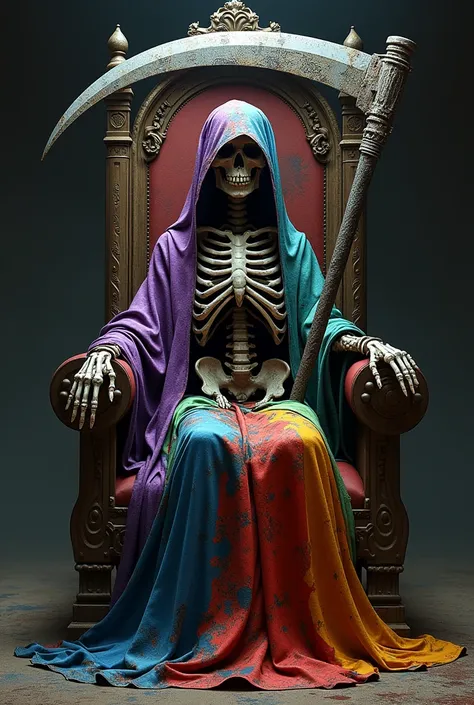  Santa Muerte with degraded robe in purple, blue, green, red, orange, yellow, black and white with a big scythe and sitting on a throne