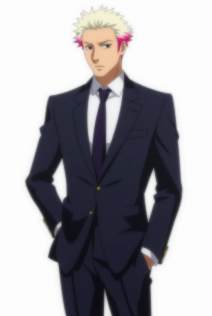 Shidou Ryusei as an adult, around 30 years old, in the Blue Lock anime style, with a white background. He has a thin, well-groomed mustache and defined cheekbones, giving him a mature and strong appearance. His platinum blonde hair is styled short with gra...