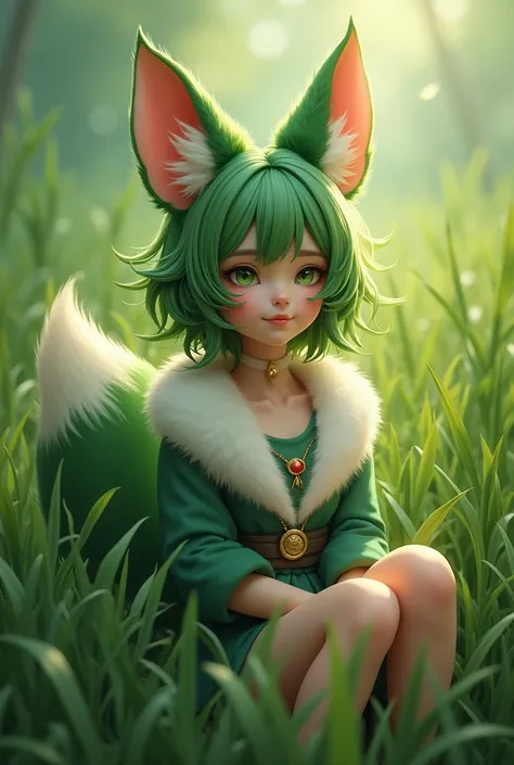 A Green hair girl, full body, , furr skin, fox ears and tail,   sit in the grass