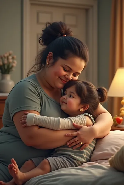 A half-chubby white mom giving love to her little daughter with a broken arm plastered in the room that is realistic