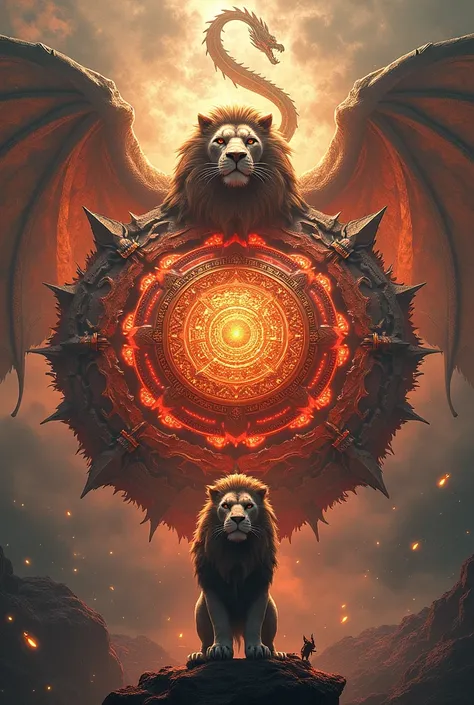 Aggressive mandala symboling strength and wealth with lion and dragon in back ground dragon flying 

