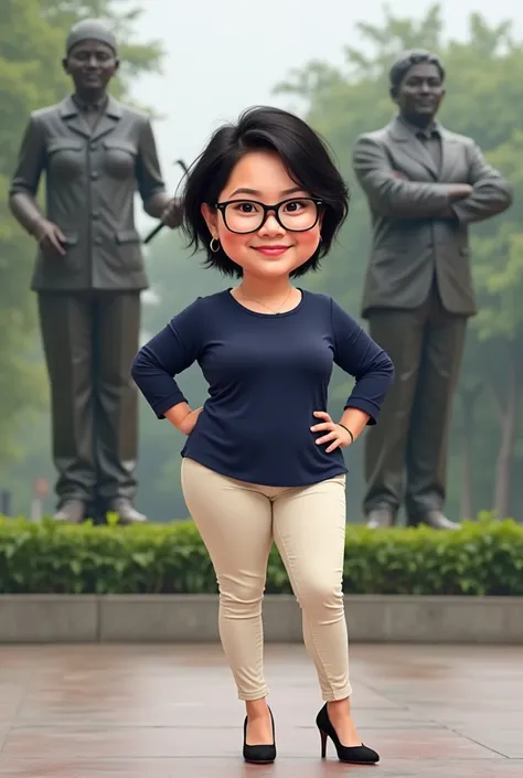 Caricature 4D.  Indonesian woman 35 years old with short hair black.wearing glasses Wears a navy blue long-sleeved shirt. Cream-colored jeans .  high heels .  Slightly chubby Standing facing the camera .  Parallel to the welcome statue  . realistic focus 