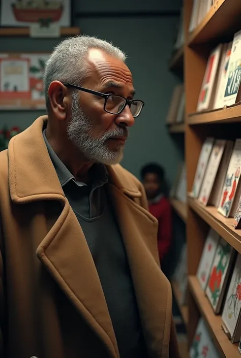 Black elderly man in brown coat with glasses and low cut hair looking at a shelf of christmas card options  in dissapointment