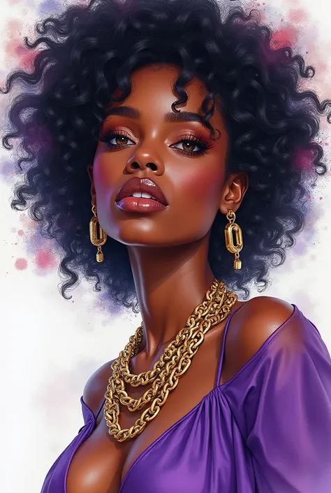 beautiful black woman,  Pretty Face, wearing flashy gold Chains, chill vibe, Avant-garde, Ultra-detailed,  Fantasy Art, Wallop Art, Intense watercolor, Watercolor Art, Watercolor splash, Avant-garde, rich and colorful, Surrealism, masterpiece, best quality...