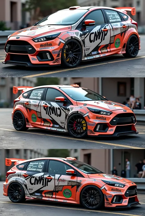 Create images of a Ford Focus rs with several stickers on the car