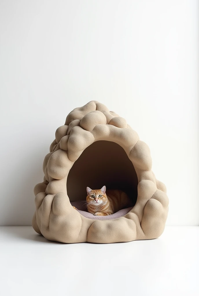 generate me a cat house in the shape of a rock on a white background