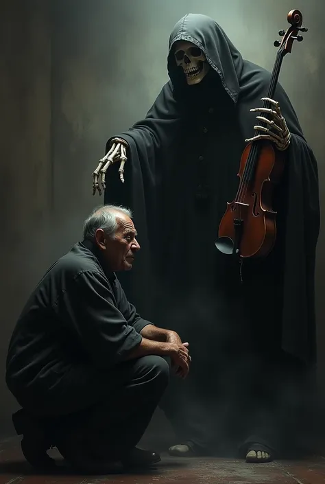 Man sitting scared while death playing violin says something to his ear 