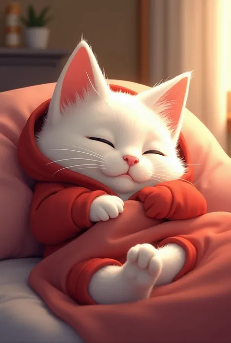 Bedtime 
" The cat is seen sleeping peacefully on his bed, wrapped in a blanket like humans with his wife." the cats color is white and he is three years old and his paws are in a red suit 
