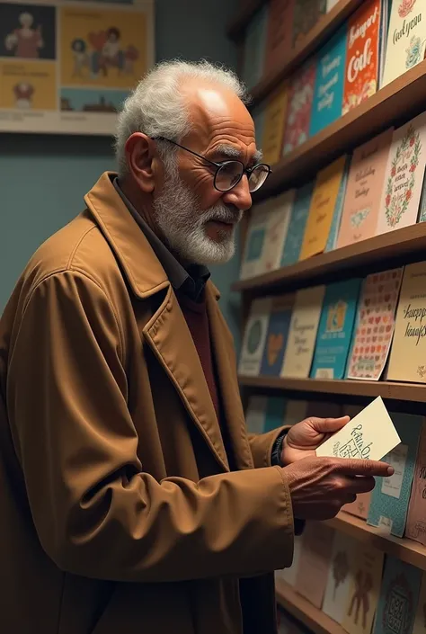 Black elderly man in brown coat and glasses with a low haircut trying to find the perfect card for his beloved wife of 40 years