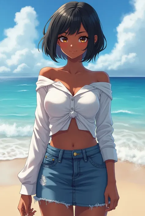 1girl, cute woman, soft face, dark skin, ebony girl, short-medium hair, black hair, brown eyes, pulled up shirt, long sleeve, jean skirt, at the beach, slim body, nice body, slim belly, nice chest, medium chest