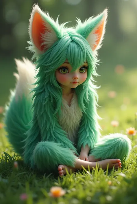 A Green hair girl, fur skin, full body, sit on grass, fox ears and tail, 