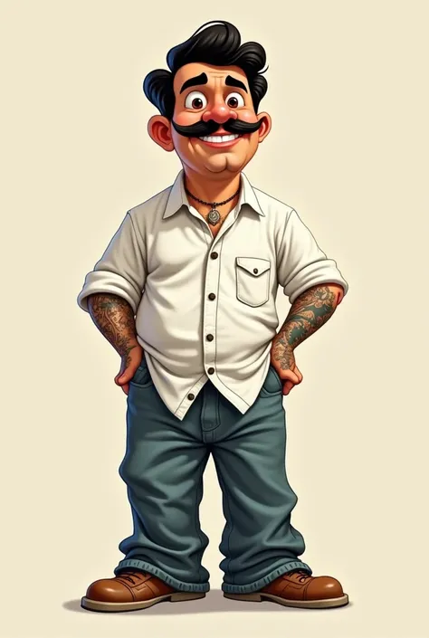 Mexican man with black hair, brown eyes, bowl haircut with bangs small mustache and goatee and tattoos baggy pants cartoon like white shirt 