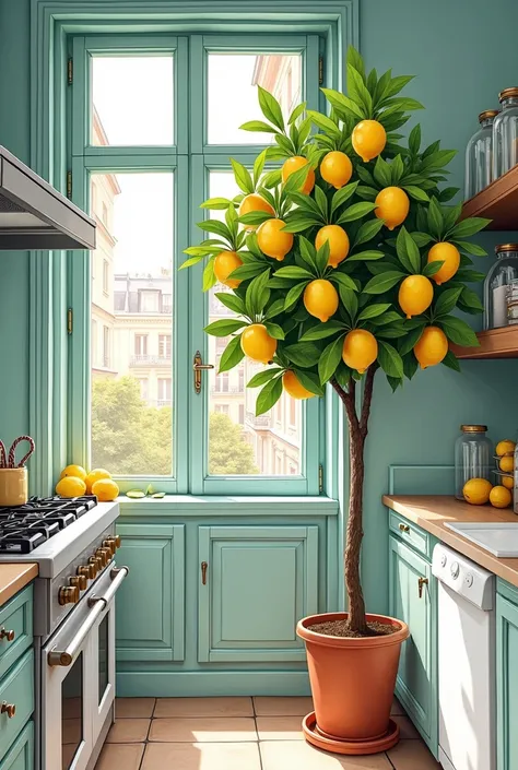 Un magnifique petit citronnier au bord dune fenêtre dans la cuisine dun magnifique appartement dans les beaux quartiers de Paris dans un style graphique. Bande dessinée française 2D les coups de crayon doivent être extrêmement détaillé. Et visible Les coul...