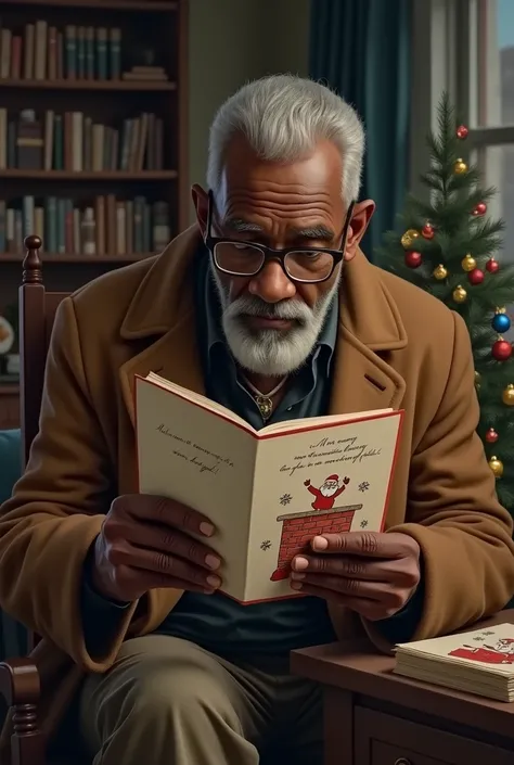 Black elderly man in brown coat and glasses with a low haircut flipping through cards
(He picks up a card with a cartoon Santa on it coming down a chimney. He reads the message inside: “Merry Christmas to my wonderful wife.”