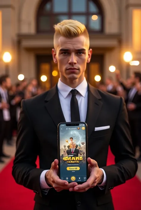  boy, buzzcut hair well trimmed with slighly yellow-whitish-ginger mixture hair, showing off his phone, not the newest phone but not the oldest around , phone displays the game Brawl Stars, the brawler Crow is shown to have GOLD III mastery rank in the Bra...