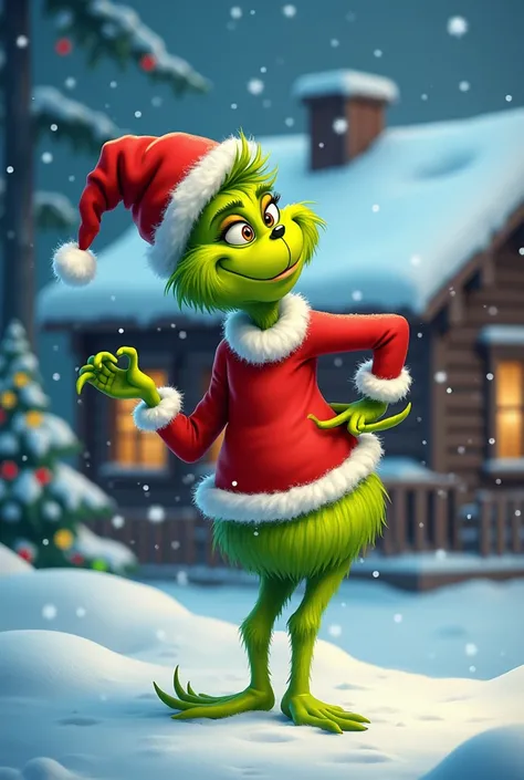 The Grinch as a boy dancing on a Christmas background in Christmas clothes with a cabin with snow
