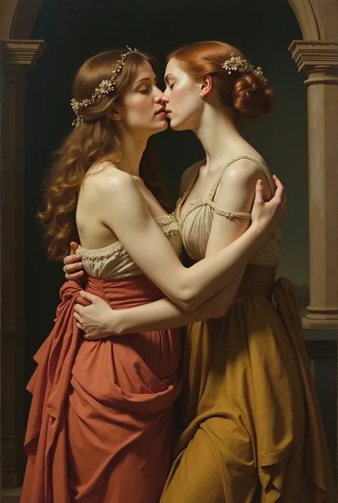  Renaissance painting of two lesbian women kissing painted with oil paints,leonardo da vinci style,I repeat painted with oil paints ,Renaissance painting 