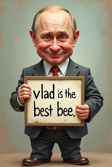 Putin smiles and holds a sign in his hands turned towards the viewer with the inscription on it "vlad is the best bee "