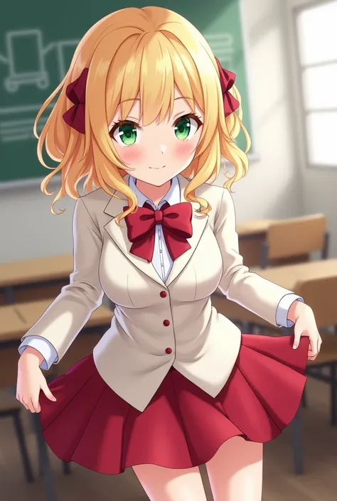 NSFW，score_9, score_8_up, score_7_up, source_anime,
norngreyrat, norn greyrat, bangs, blonde hair, green eyes, ahoge,
long sleeves, bow, , jacket, bowtie, red bow, skirt, red skirt, white jacket,
indoors, classroom, bent over, smile,skirt lift，
looking at ...