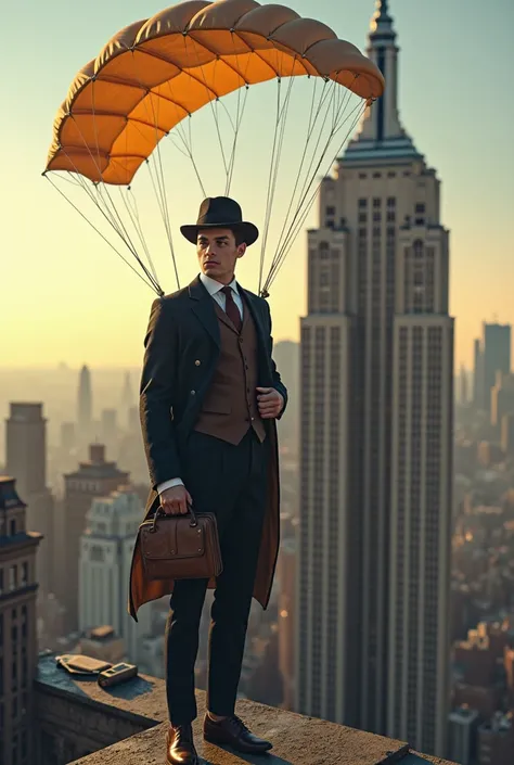 Un homme magnifique habille en costume des annees 20 en plein new york dzns les annees 20 , au dessus dun immeuble avec un parachute fituriste et un ordinateur et satellite du futur 