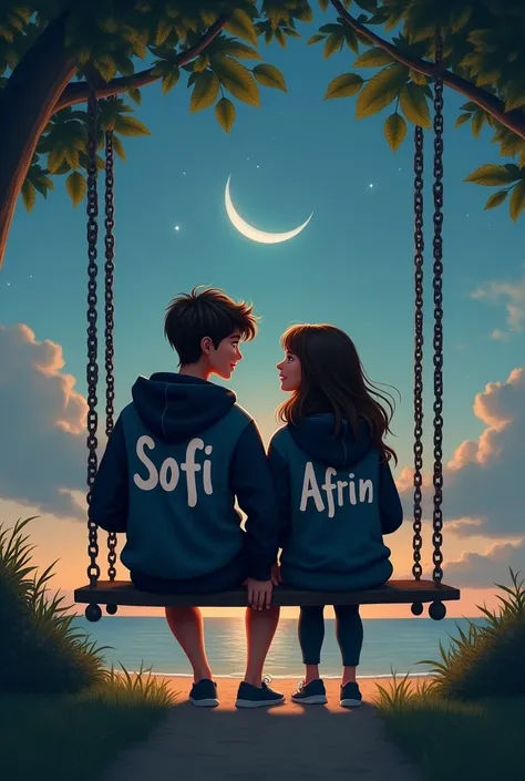 There are 20 Year old couple sitting if front on a swing in the Dubai beach beautiful greenery view, wearing a black and white hoodie,boy with name "Sofi" write on it,girl with name "Afrin" write on it lovely couple, sitting on a moon, heart emoji,holding ...