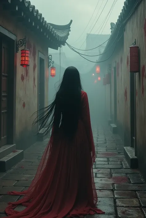 ( close-up of an excellent masterpiece:1.5)Vision，panoramic，中式fear，Chinese ancient buildings，indoor，Rundown，Blood stains on the wall ，gloomy，Weird，fear，cloudy day，dark clouds，Red Ghost， long black hair ， Good figure ，Back，Gray tone
