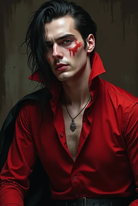 un homme en blouse rouge avec du sang sur le visage ,  un portrait de personnage inspiré par Samuel Hieronymus Grimm, gagnant du concours cgsociety, L&#39;art gothique, alucard, vampire mâle of clan banu haqim, vampire mâle, seigneur vampire, handsome vamp...