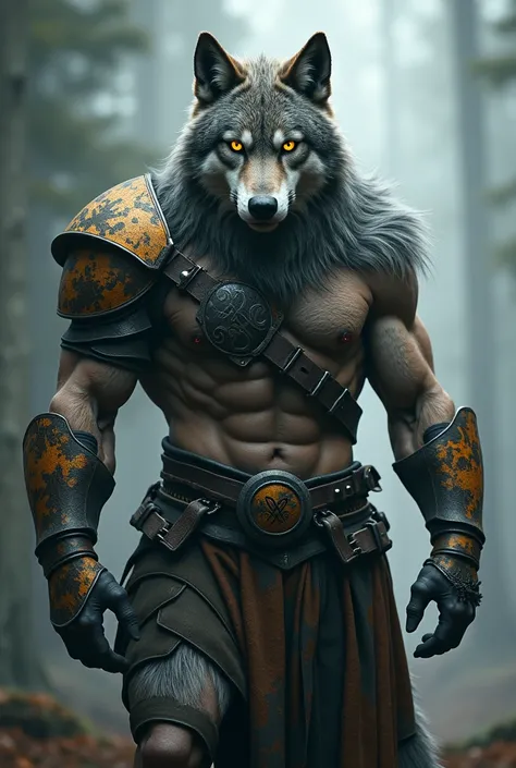 "An ultra-realistic image of a hybrid wolf warrior standing powerfully, facing the camera directly with an intense and commanding gaze. The wolf has a muscular and imposing build, with intricate details on its thick fur, blending natural wolf characteristi...