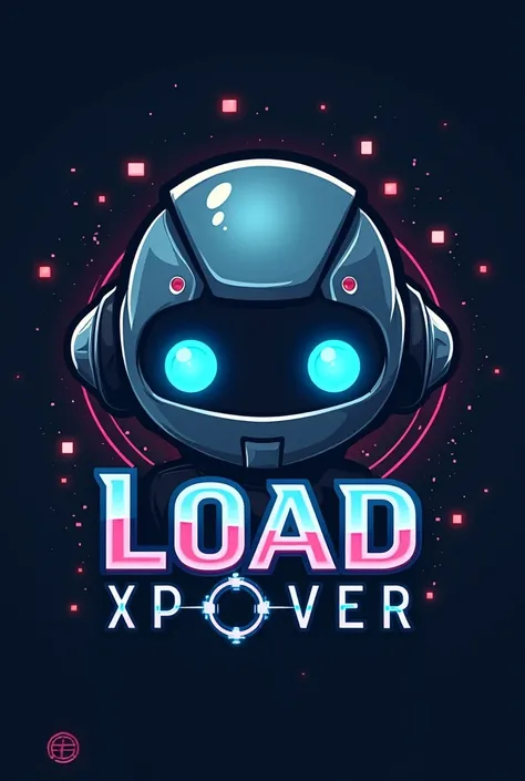 Design a logo featuring the name LoadXPover in bold, modern typography, accompanied by a robot character with a sleek metallic body, blue LED lights for eyes, and a playful expression, set against a digital gaming background with pixelated elements. troque...