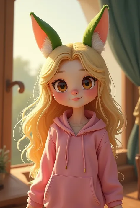 Create me 14 patch that will be wearing a pink sweatshirt with long blonde hair and glasses and on her head will have little green fox ears in Disney style

