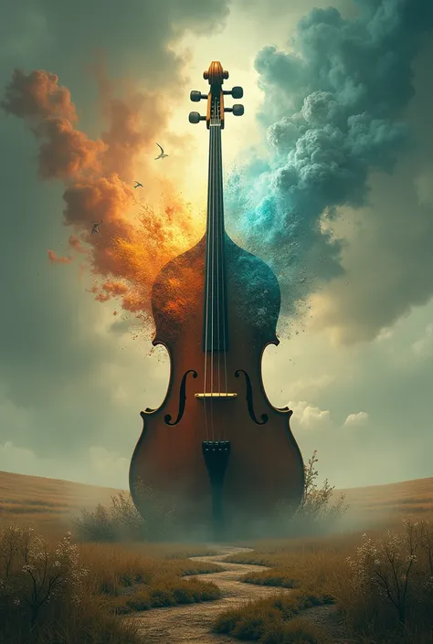 SUBLIMINAL PICTURE ,  WITH SPATULA , WHERE, STARTING FROM A LARGE CELLO, THE 4 ELEMENTS OF NATURE ARE PRESENTED