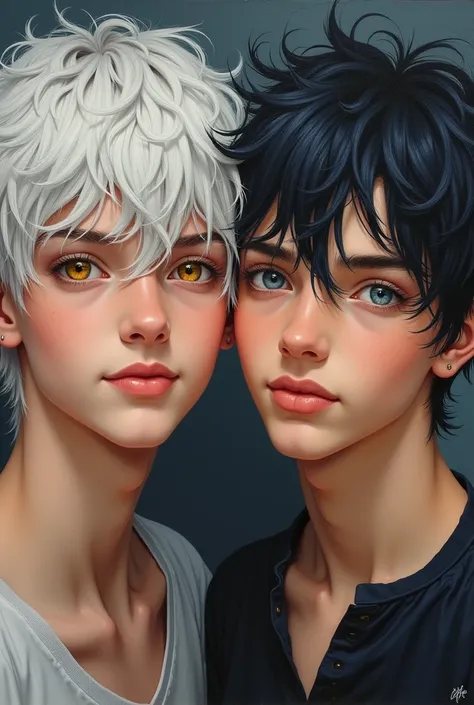  a realistic painting of two sixteen-year-old boys ;  one has white hair with silver reflections up to the shoulders ,  average size mouth ,  full lips, golden yellow eyes, descending eyebrows ,  with a warm look and an infectious smile ,  small ears ,  he...