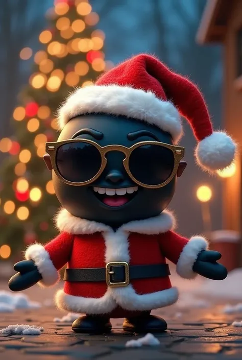 Black round emoticon: sunglasses, white headband on the forehead dressed as Santa Claus at night, a luminous Christmas tree behind 