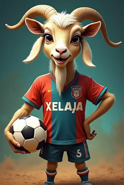 Goat wearing the Xelajú MC jersey with a ball in his hand