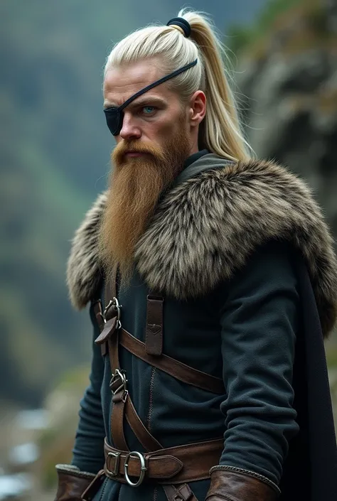 Tall skinny young man with one blue eye, the other covered with an eye patch, blond hair tied back in a short small tail, hair only on top, full beard, viking look