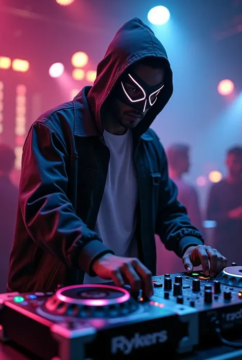 (photorealism:1.2), a man in a mask plays like a DJ