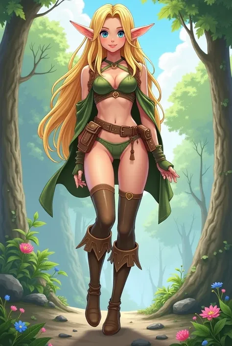 several panel comic-style full body portrait of a beautiful adventurous anime-style elf, long blonde hair, style of sciamano240, head tilt, thong, no gloves, no belt, thigh-high boots,, more realistic, facefix, halter top, no excess clothes seven-panel com...