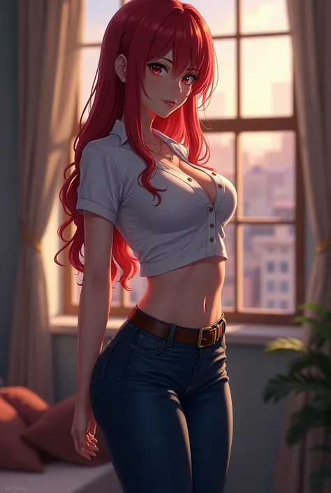 Anime girl,dark blue skinny jeans with curves, short white blouse,Short sleeves,very long red hair, hair over one eye, scared ,Evening,room with window , brown belt ,brown boots, full body, showing her big chest ,pose sexy