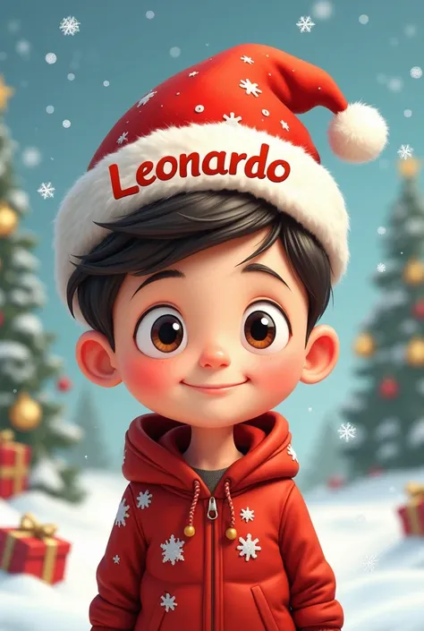 Create a cartoon of a trained boy wearing a Christmas hat that says Leonardos name 