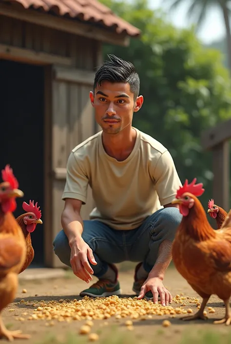 Ronaldo feeding the chickens