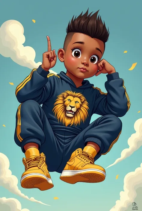  I would like an illustration that contains these elements :
a young boy,  short stature ,  his skin is light and his eyes are dark .  The hair is dark brown , In the mohawk style .  The boy wears a dark blue tracksuit with a lion print in gold.  The sneak...