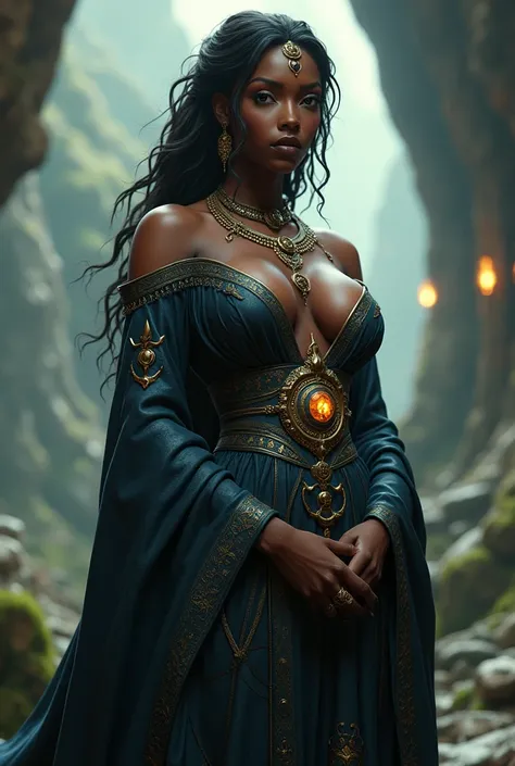 1 girl, dark skinned African, sexy wizard from The Lord of The Rings, big breasts, cleavage, 3d artwork