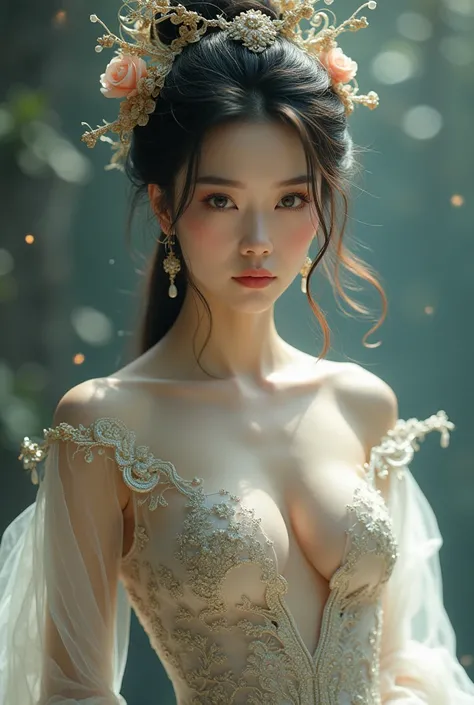 Beautiful Chinese Girl, wearing an ancient fairy dress with open breasts, pique