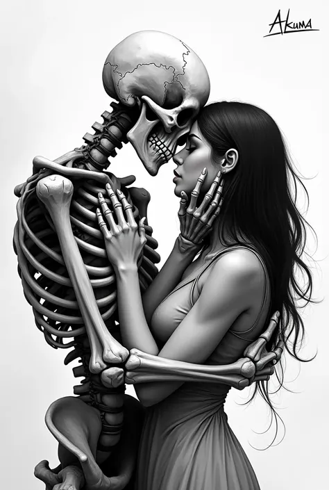 Skeleton hugs a woman , black-and-white,  logo with the font Akuma