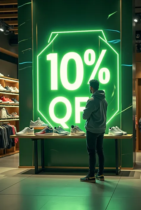 Flayer focused on the sale of sneakers, promoting the 10 % DISCOUNT, with green colors, white, black and gold 