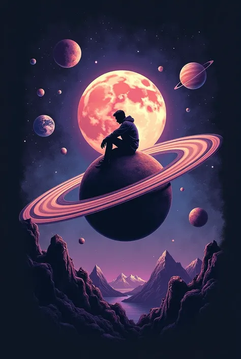 /imagine prompt: A black t-shirt with a detailed illustration of a spaceman sitting on Saturn’s rings, surrounded by floating asteroids and glowing planets. The background is a gradient of purples and blues, giving a dreamy and ethereal look. --ar 2:3 --v ...